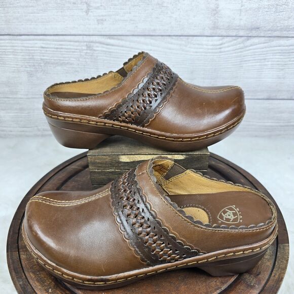Ariat Brown Leather Clogs Embossed Detail Womens Sz 6.5 Western Comfort - Picture 7 of 9